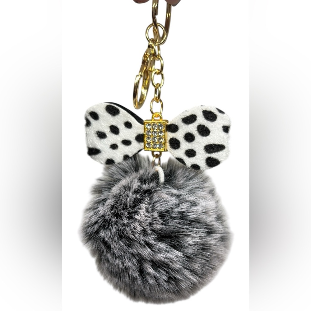 Elegant Polka Dot Bow Keychain with Faux Fur Pom Pom